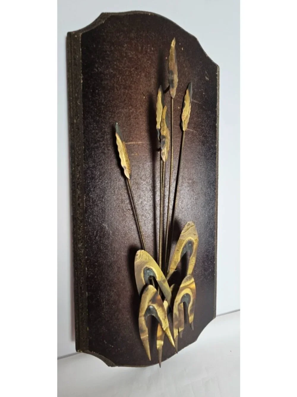 Vintage MCM Wall Plaque Brutalist Brass Sea Oats Botanical Metal Art 17.75